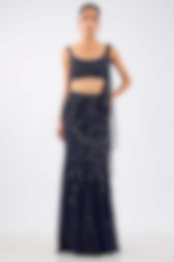 Neon Navy Blue Shimmer Net Draped Skirt Reception Saree Set by Dolly J at Pernia's Pop Up Shop