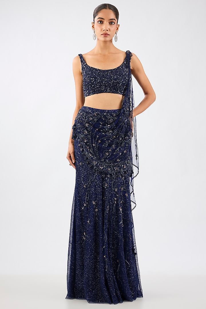Neon Navy Blue Shimmer Net Draped Skirt Reception Saree Set by Dolly J at Pernia's Pop Up Shop