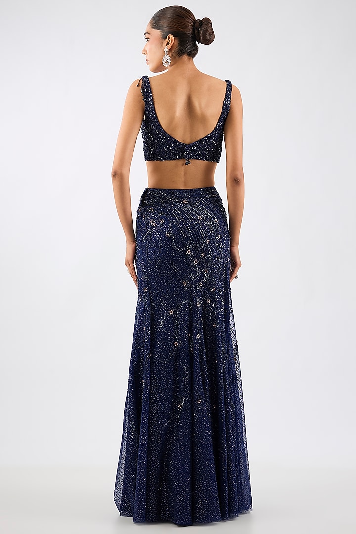 Neon Navy Blue Shimmer Net Draped Skirt Reception Saree Set by Dolly J at Pernia's Pop Up Shop