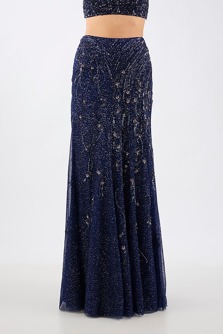 Neon Navy Blue Shimmer Net Draped Skirt Reception Saree Set by Dolly J at Pernia's Pop Up Shop