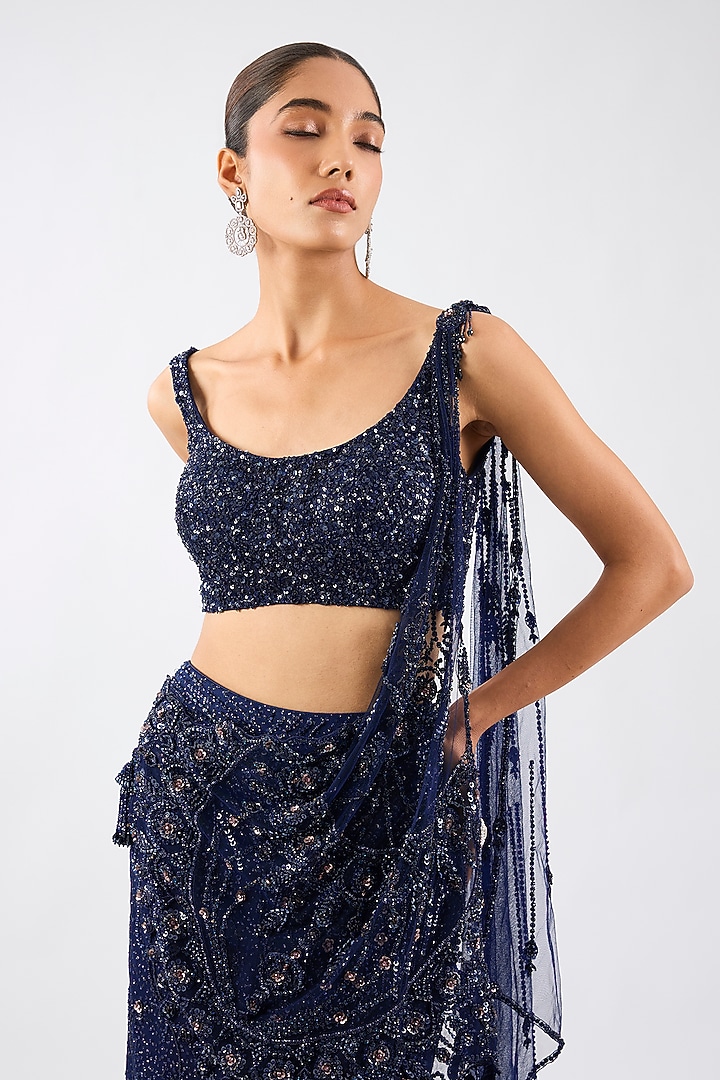Neon Navy Blue Shimmer Net Draped Skirt Reception Saree Set by Dolly J at Pernia's Pop Up Shop