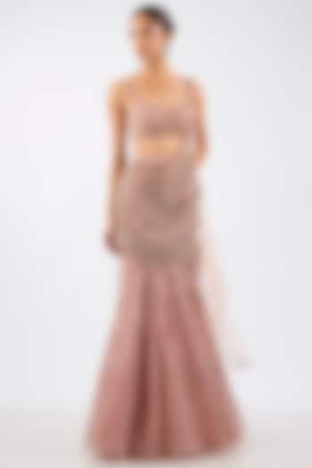 Blush Pink Shimmer Net Draped Skirt Reception Saree Set by Dolly J at Pernia's Pop Up Shop