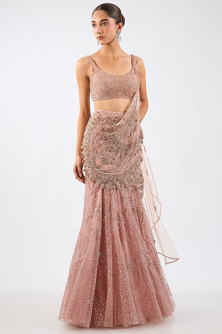 Blush Pink Shimmer Net Draped Skirt Reception Saree Set by Dolly J at Pernia's Pop Up Shop