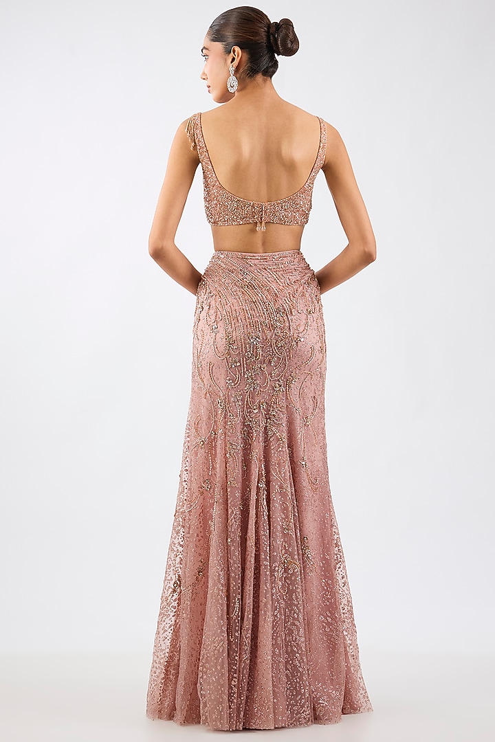 Blush Pink Shimmer Net Draped Skirt Reception Saree Set by Dolly J at Pernia's Pop Up Shop
