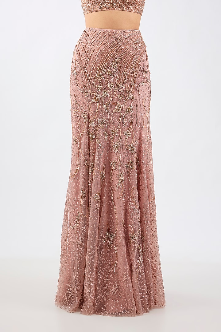 Blush Pink Shimmer Net Draped Skirt Reception Saree Set by Dolly J at Pernia's Pop Up Shop