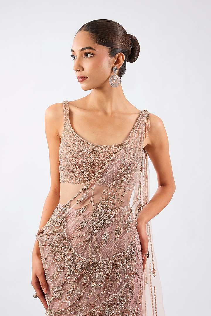Blush Pink Shimmer Net Draped Skirt Reception Saree Set by Dolly J at Pernia's Pop Up Shop
