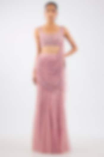 Baby Pink Shimmer Net Draped Skirt Reception Saree Set by Dolly J at Pernia's Pop Up Shop