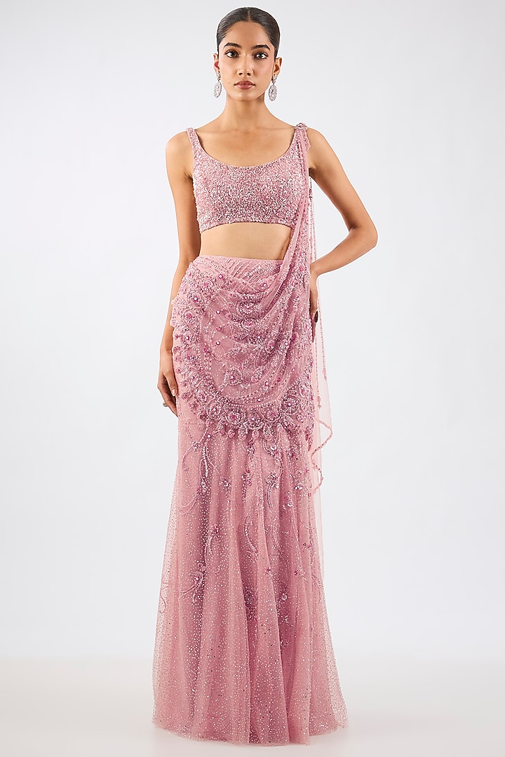 Baby Pink Shimmer Net Draped Skirt Reception Saree Set by Dolly J at Pernia's Pop Up Shop