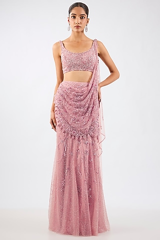 Baby Pink Shimmer Net Draped Skirt Saree Set by Dolly J