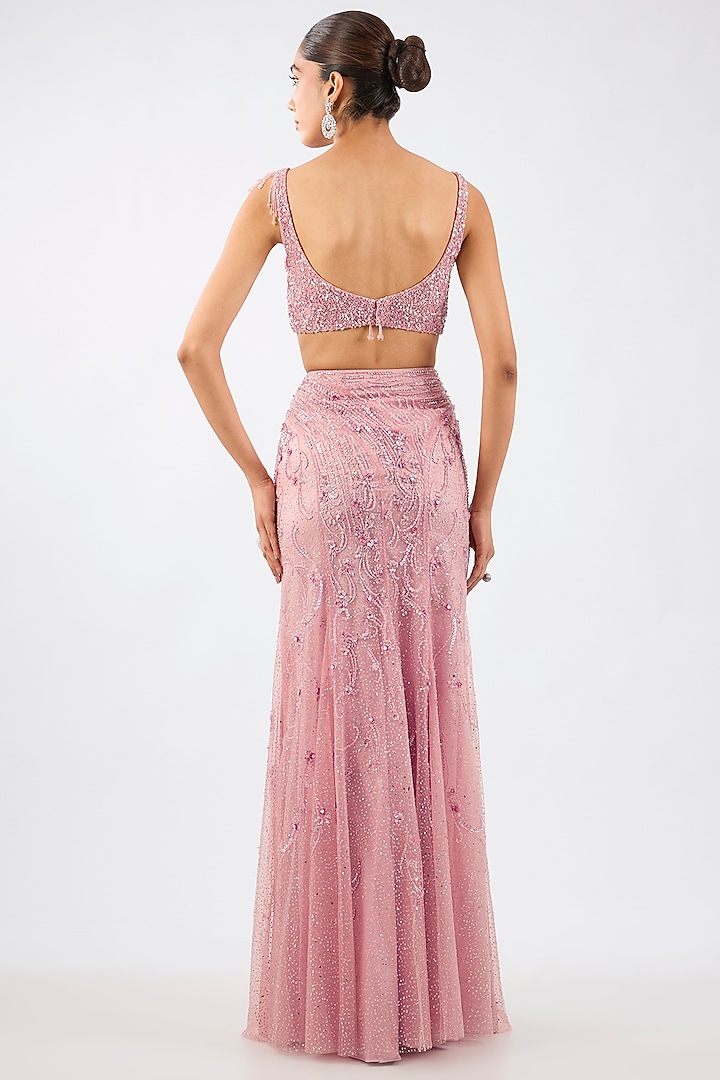 Baby Pink Shimmer Net Draped Skirt Reception Saree Set by Dolly J at Pernia's Pop Up Shop