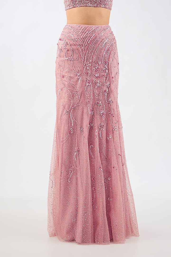 Baby Pink Shimmer Net Draped Skirt Reception Saree Set by Dolly J at Pernia's Pop Up Shop