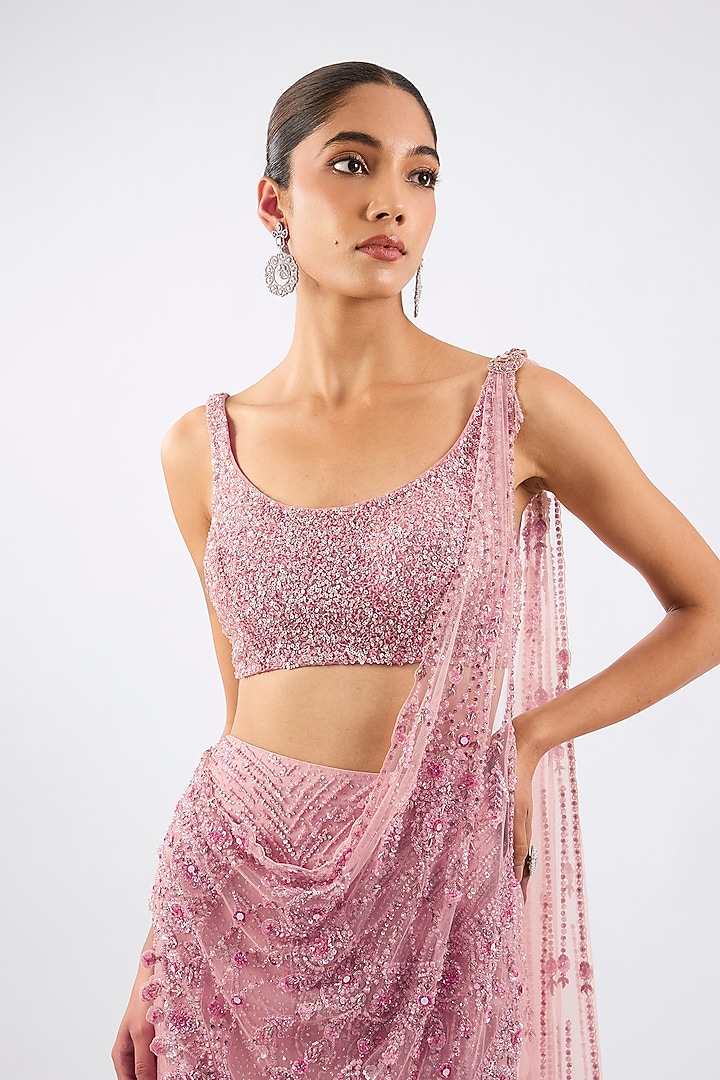 Baby Pink Shimmer Net Draped Skirt Reception Saree Set by Dolly J at Pernia's Pop Up Shop