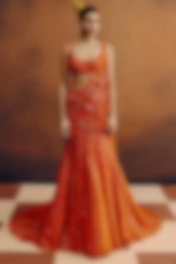 Tangerine Orange Net Sequins Hand Embroidered Draped Skirt Bridal Saree Set by Dolly J at Pernia's Pop Up Shop