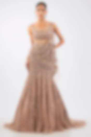 Copper Net Sequins Embroidered Draped Skirt Bridal Saree Set by Dolly J at Pernia's Pop Up Shop