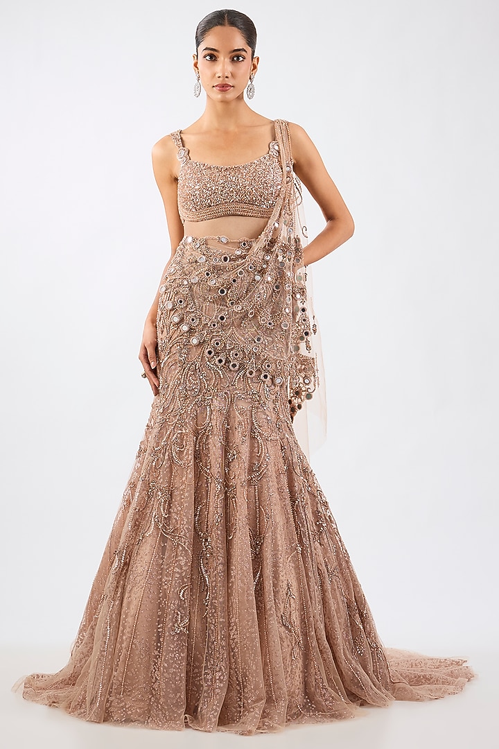 Copper Net Sequins Embroidered Draped Skirt Bridal Saree Set by Dolly J at Pernia's Pop Up Shop