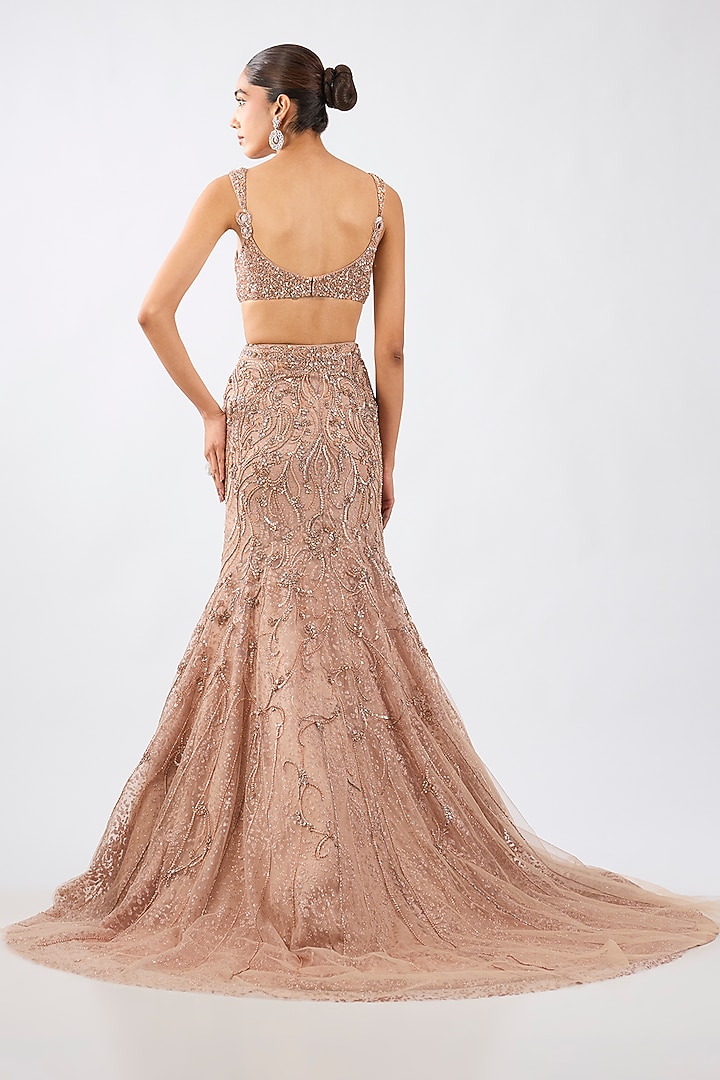 Copper Net Sequins Embroidered Draped Skirt Bridal Saree Set by Dolly J at Pernia's Pop Up Shop
