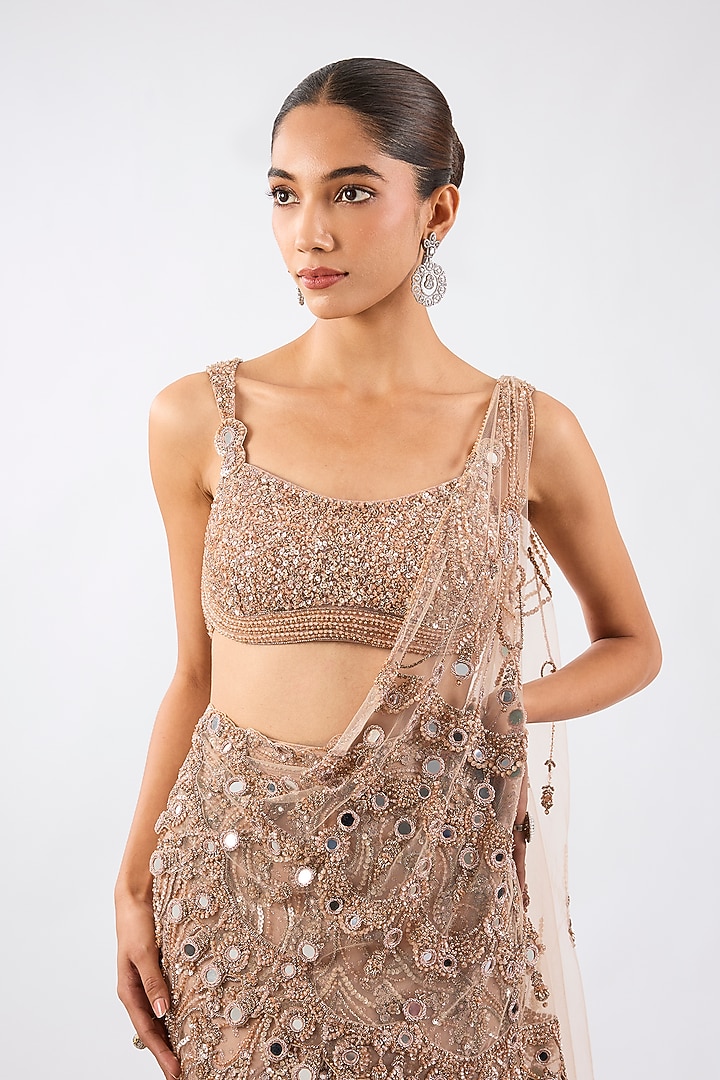 Copper Net Sequins Embroidered Draped Skirt Bridal Saree Set by Dolly J at Pernia's Pop Up Shop