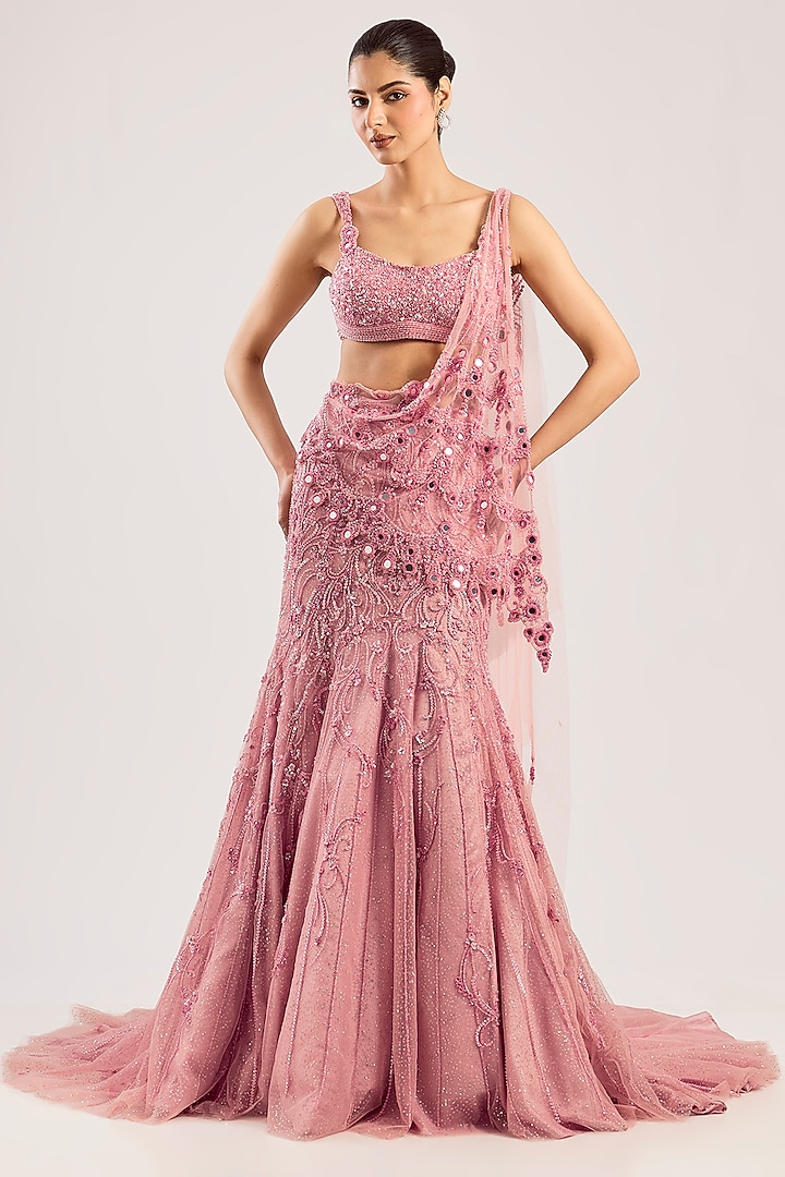 Baby Pink Net Hand Embroidered Draped Skirt Bridal Saree Set by Dolly J at Pernia's Pop Up Shop