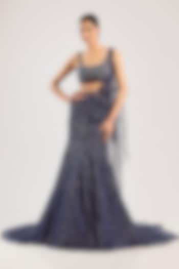 Violet Net Hand Embroidered Draped Skirt Bridal Saree Set by Dolly J at Pernia's Pop Up Shop