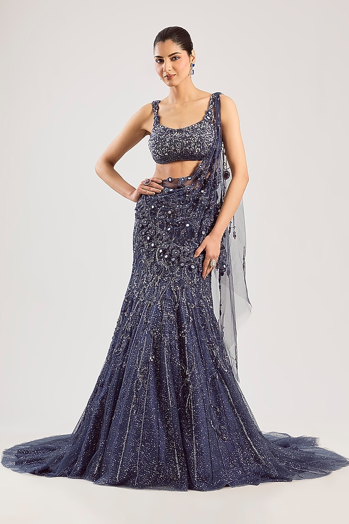 Violet Net Hand Embroidered Draped Skirt Bridal Saree Set by Dolly J at Pernia's Pop Up Shop