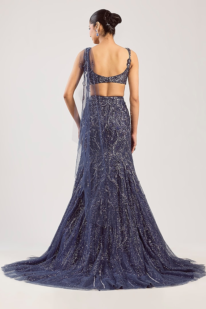 Violet Net Hand Embroidered Draped Bridal Lehenga Set by Dolly J at Pernia's Pop Up Shop