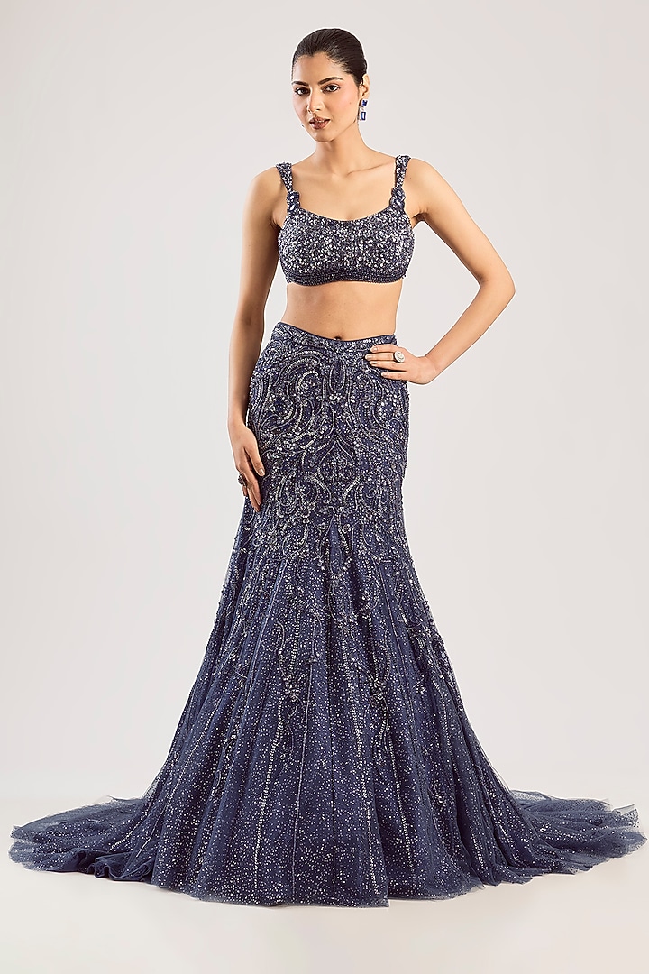 Violet Net Hand Embroidered Draped Bridal Lehenga Set by Dolly J at Pernia's Pop Up Shop