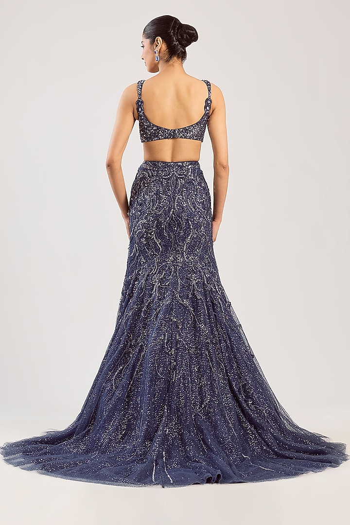 Violet Net Hand Embroidered Draped Bridal Lehenga Set by Dolly J at Pernia's Pop Up Shop