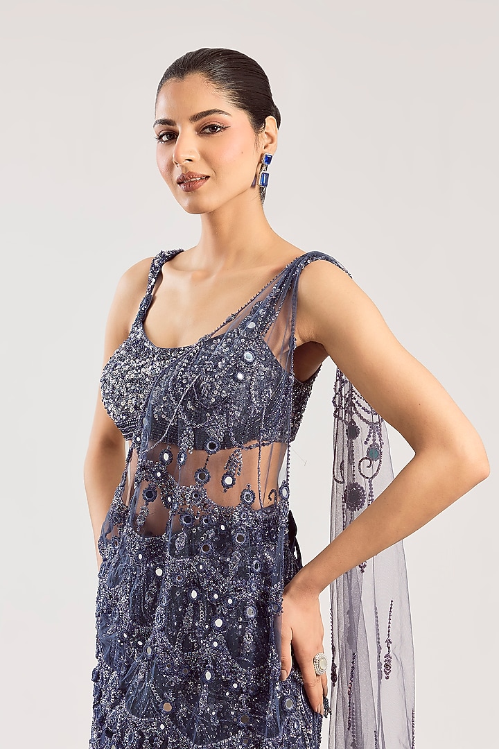 Violet Net Hand Embroidered Draped Bridal Lehenga Set by Dolly J at Pernia's Pop Up Shop
