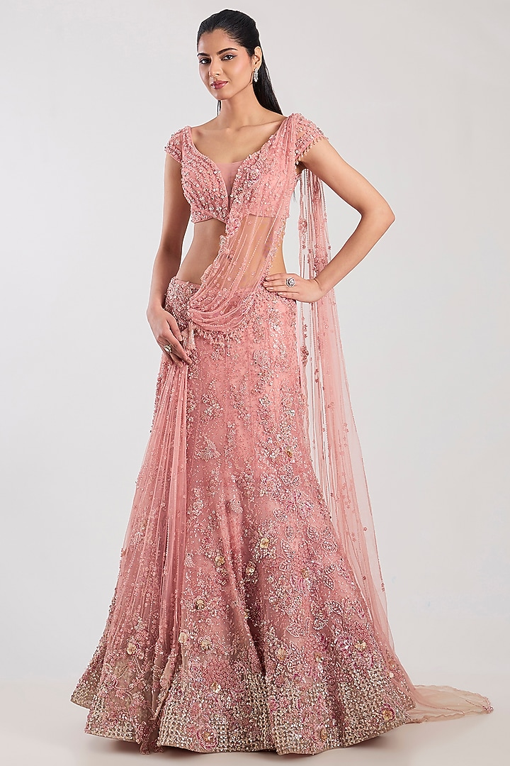 Baby Pink Net Hand Embroidered Bridal Lehenga Set by Dolly J at Pernia's Pop Up Shop