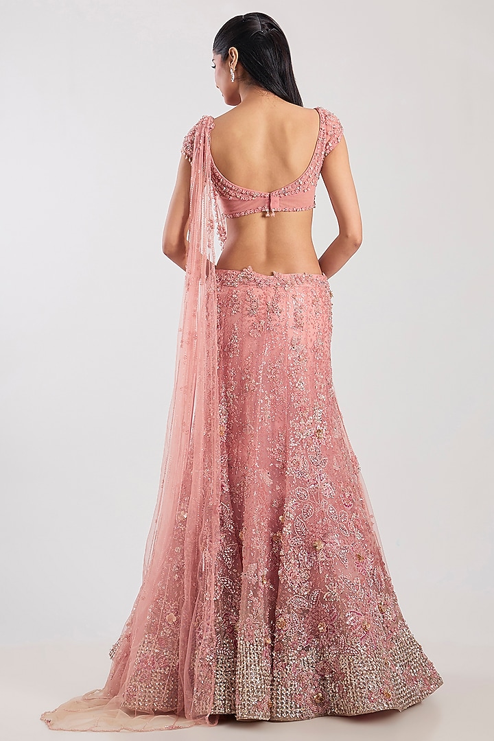 Baby Pink Net Hand Embroidered Bridal Lehenga Set by Dolly J at Pernia's Pop Up Shop