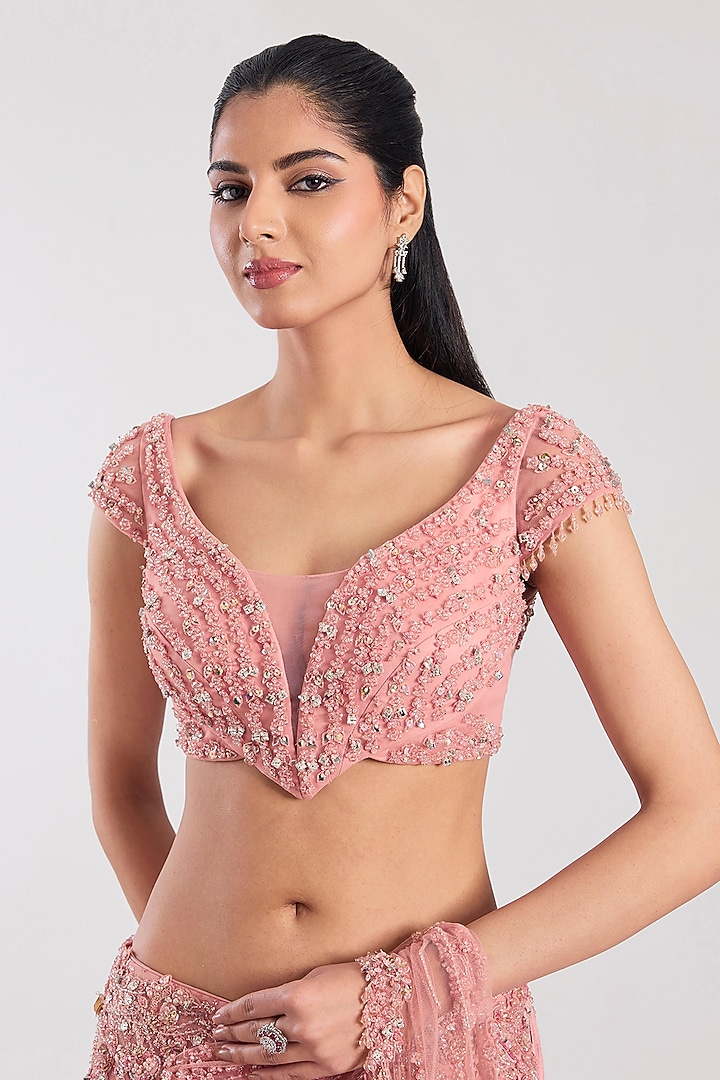 Baby Pink Net Hand Embroidered Bridal Lehenga Set by Dolly J at Pernia's Pop Up Shop
