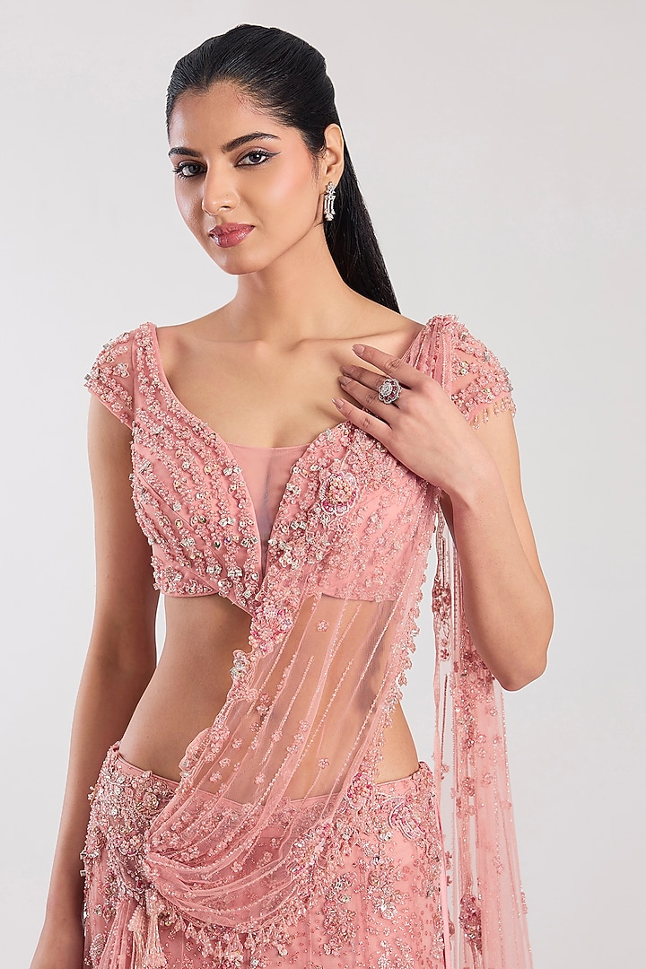 Baby Pink Net Hand Embroidered Bridal Lehenga Set by Dolly J at Pernia's Pop Up Shop