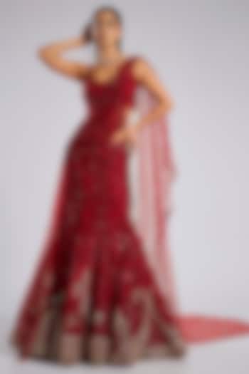 Blood Red Net Hand Embroidered Bridal Lehenga Set by Dolly J at Pernia's Pop Up Shop