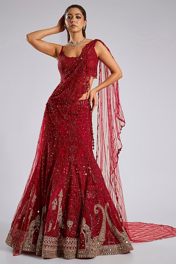 Blood Red Net Hand Embroidered Bridal Lehenga Set by Dolly J at Pernia's Pop Up Shop