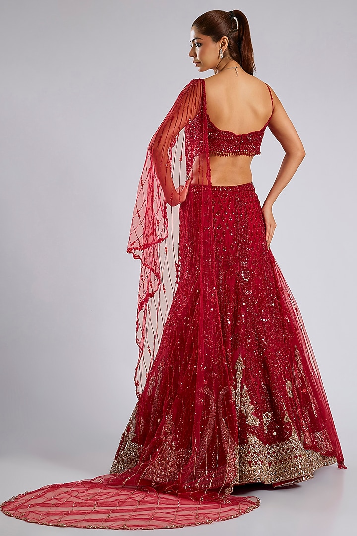 Blood Red Net Hand Embroidered Bridal Lehenga Set by Dolly J at Pernia's Pop Up Shop