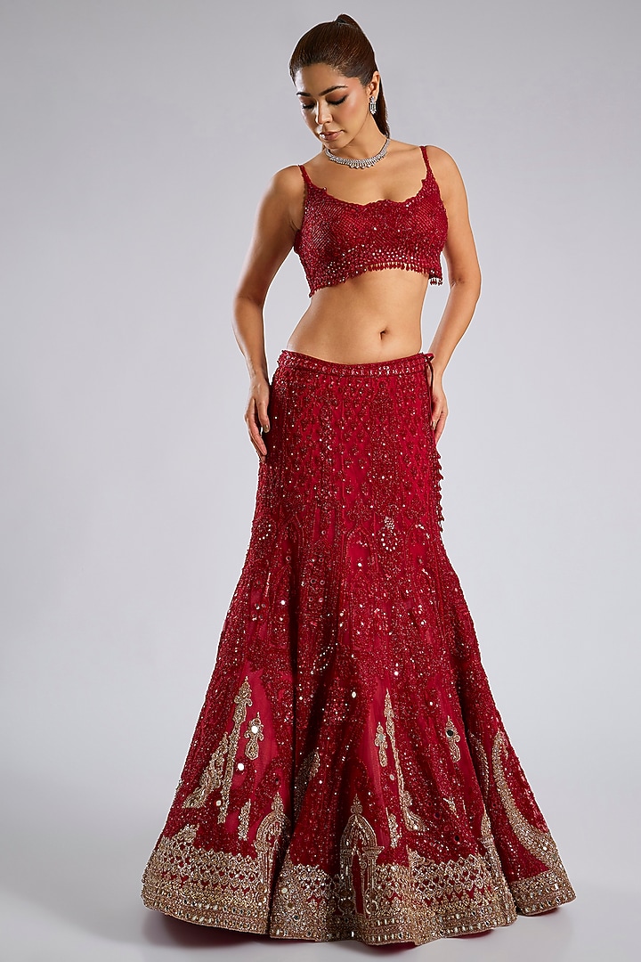 Blood Red Net Hand Embroidered Bridal Lehenga Set by Dolly J at Pernia's Pop Up Shop