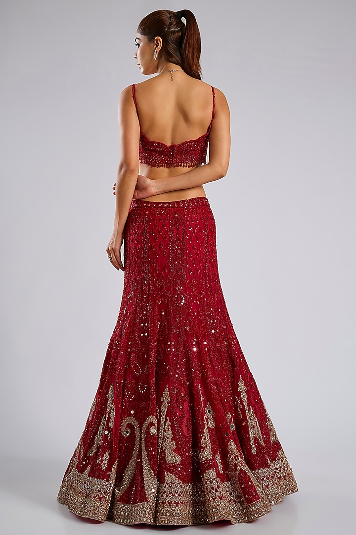 Blood Red Net Hand Embroidered Bridal Lehenga Set by Dolly J at Pernia's Pop Up Shop