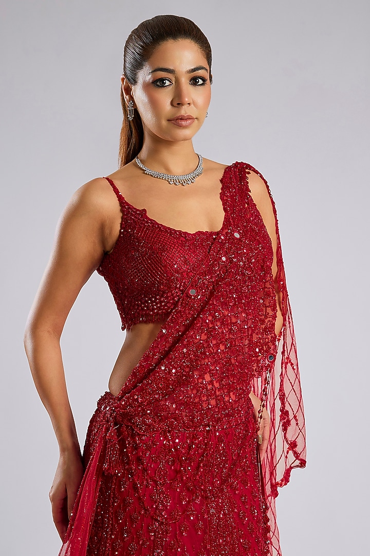 Blood Red Net Hand Embroidered Bridal Lehenga Set by Dolly J at Pernia's Pop Up Shop