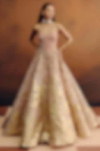 Pale Blush Woven Organza Jacquard Embellished Ball Bridal Gown by Dolly J at Pernia's Pop Up Shop