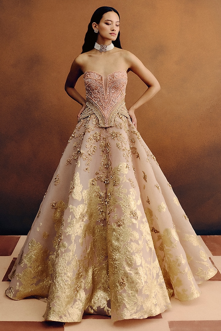 Pale Blush Woven Organza Jacquard Embellished Ball Bridal Gown by Dolly J at Pernia's Pop Up Shop