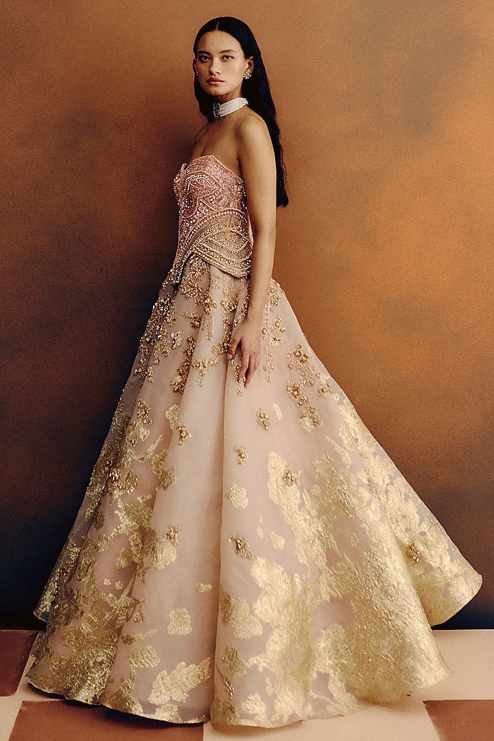 Pale Blush Woven Organza Jacquard Embellished Ball Bridal Gown by Dolly J at Pernia's Pop Up Shop