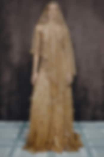 Gold Tulle Sequin Hand Embellished One-Shoulder Bridal Gown by Dolly J at Pernia's Pop Up Shop