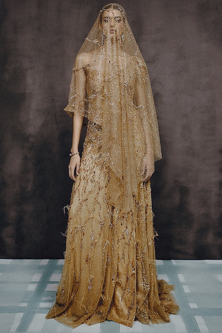 Gold Tulle Sequin Hand Embellished One-Shoulder Bridal Gown by Dolly J at Pernia's Pop Up Shop