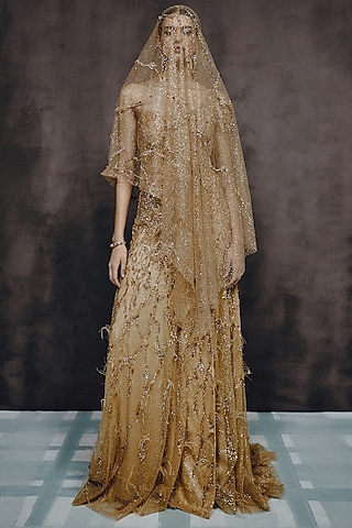Gold Tulle Sequin Hand Embellished One-Shoulder Gown by Dolly J