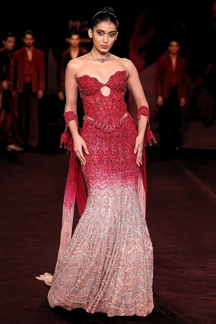 Garnet Rose Ombre Shimmer Tulle Crystal Embellished Bridal Lehenga Set by Dolly J at Pernia's Pop Up Shop