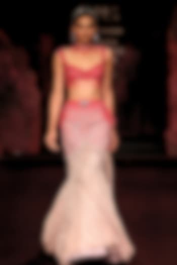 Hot Pink & Blush Ombre Shimmer Tulle Crystal Embellished Bridal Lehenga Set by Dolly J at Pernia's Pop Up Shop