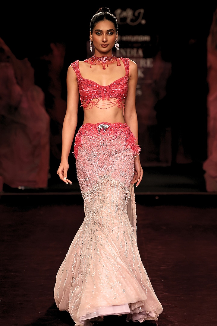 Hot Pink & Blush Ombre Shimmer Tulle Crystal Embellished Bridal Lehenga Set by Dolly J at Pernia's Pop Up Shop