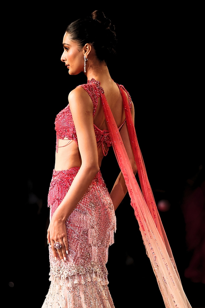 Hot Pink & Blush Ombre Shimmer Tulle Crystal Embellished Bridal Lehenga Set by Dolly J at Pernia's Pop Up Shop