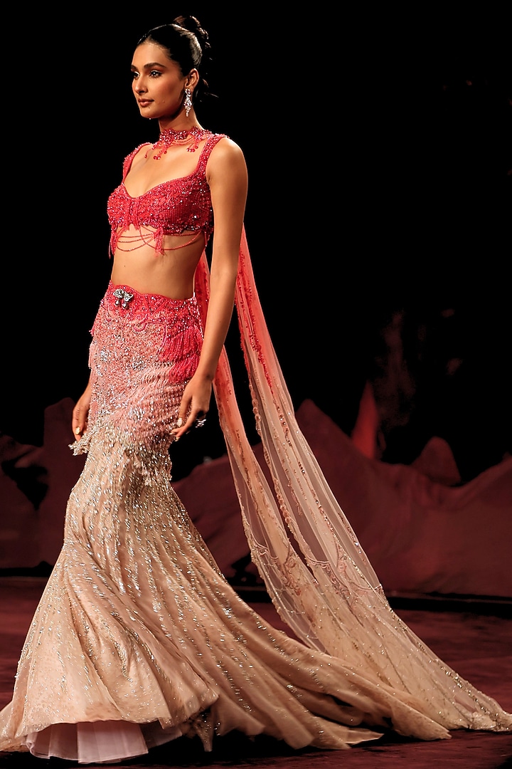 Hot Pink & Blush Ombre Shimmer Tulle Crystal Embellished Bridal Lehenga Set by Dolly J at Pernia's Pop Up Shop