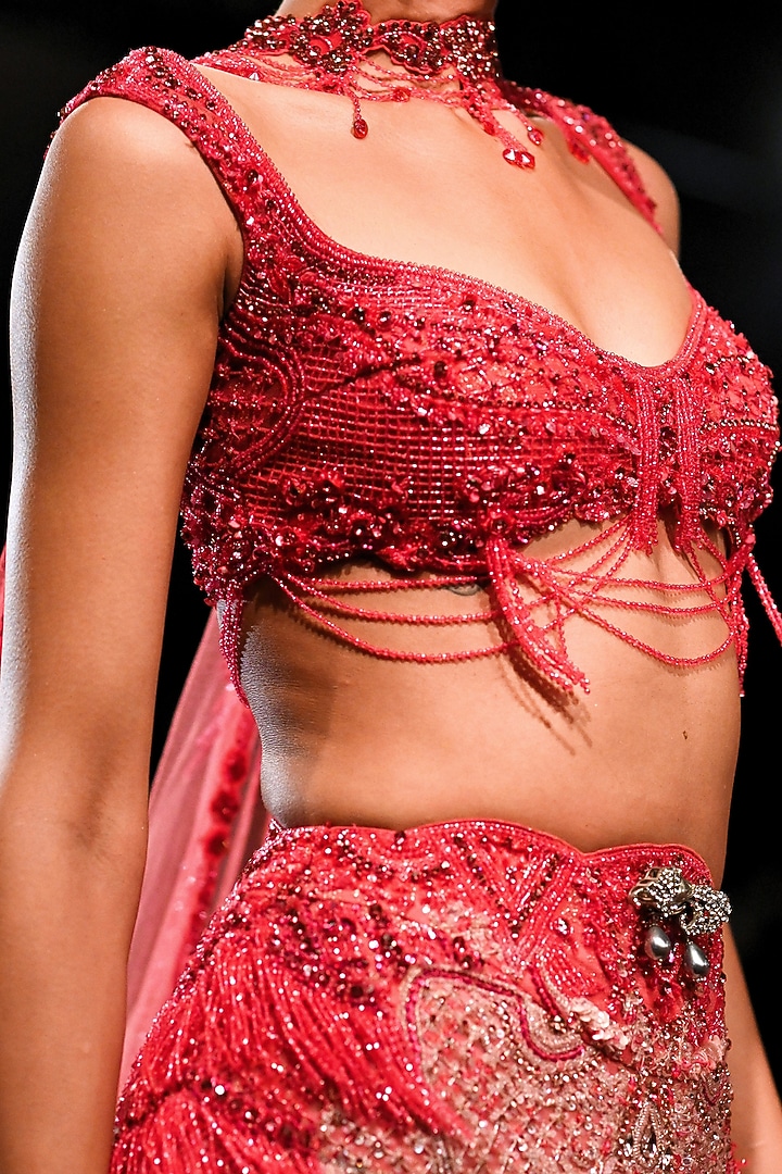 Hot Pink & Blush Ombre Shimmer Tulle Crystal Embellished Bridal Lehenga Set by Dolly J at Pernia's Pop Up Shop